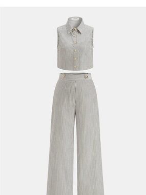 Commense Striped Sleeveless Crop Shirt and Wide-Leg Trousers in Gray Pinstripe